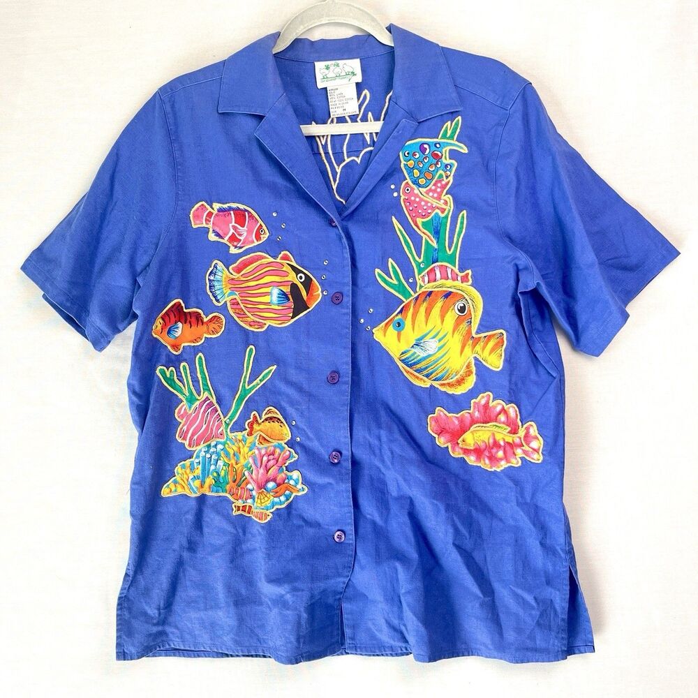 VTG Quacker‎ Factory Tropical Art to wear embellished Linen Fish Coral Reef M